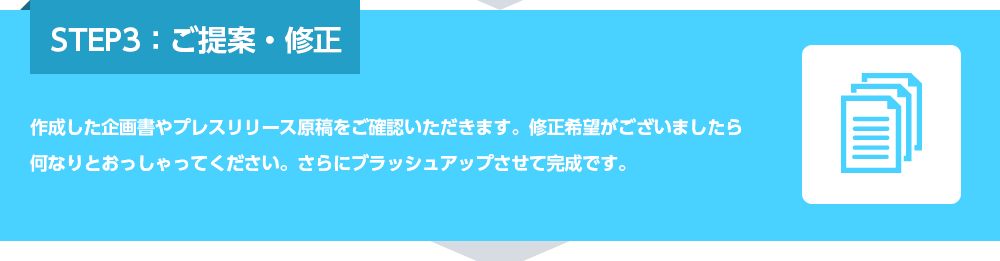 STEP3：ご提案・修正作成した企画書やプレスリリース原稿をご確認いただきます。修正希望がございましたら何なりとおっしゃってください。さらにブラッシュアップさせて完成です。