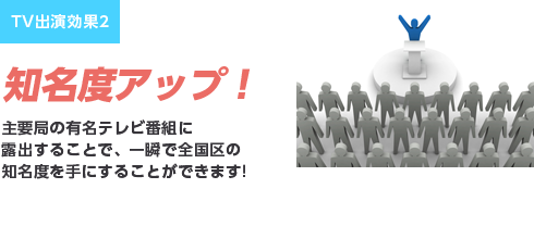 TV出演効果2知名度アップ！主要局の有名テレビ番組に露出することで、一瞬で全国区の知名度を手にすることができます!